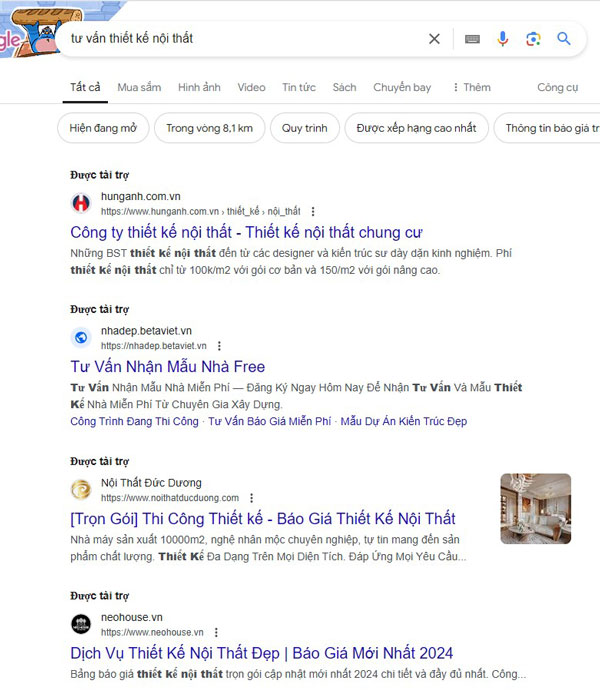 Quảng cáo tìm kiếm xuất hiện ở đâu trên Google