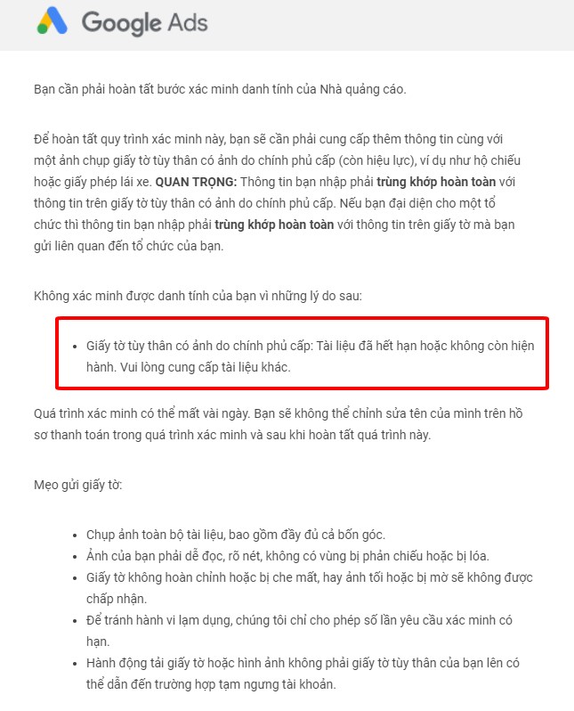 Xác minh danh tính cho tài khoản Google Ads cá nhân