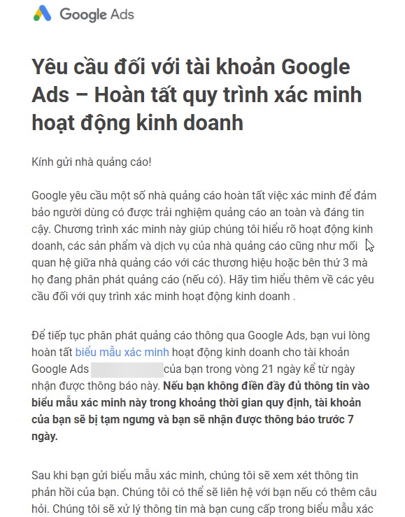 Xác minh hoạt động kinh doanh google ads